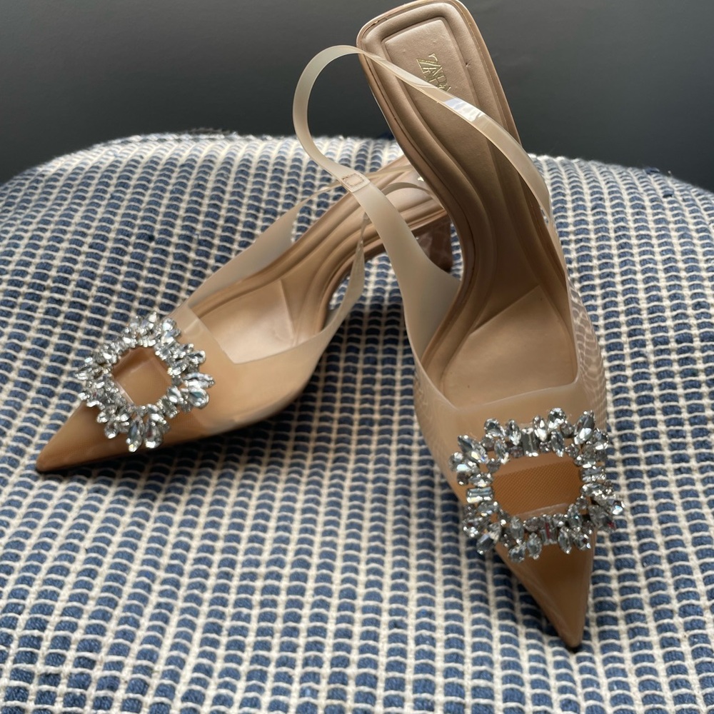 Zara Tan Heels with Crystal Embellishments